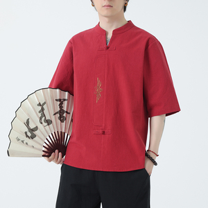 新款风男装刺绣宽松大码短袖-DSA011-1-ST035-P55-红图片