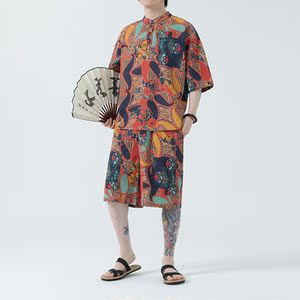 风男装印花宽松大码男士套装A011-1-TZ036-P80-桔色图片