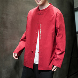 风新款秋季宽松大码棉麻刺绣长袖A011-1ST018红色-P65，男装卫衣，电商A011-1（原4007）