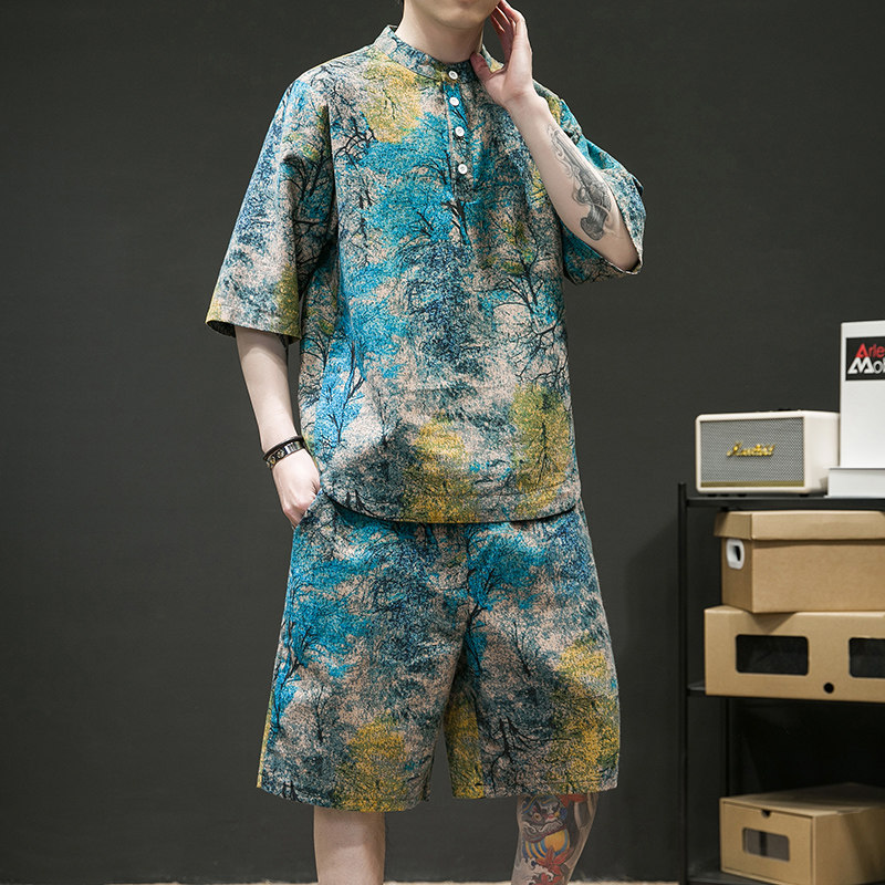 夏季潮流印花宽松大码男士套装-TZ021-P80-绿色,男装休闲套装,电商A011-1（原4007）