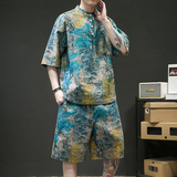 夏季潮流印花宽松大码男士套装-TZ021-P80-绿色，男装休闲套装，电商A011-1（原4007）