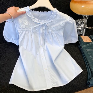 蕾丝拼接刺绣小众设计衬衣 女2026夏新款 蓝色木耳边系带短袖 衬衫