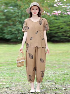 大码休闲棉麻套装女夏季2026年新款洋气中年妈妈夏装哈伦裤两件套