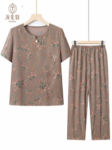 中老年人夏装冰丝套装女妈妈装夏款两件套奶奶装短袖老人衣服宽松