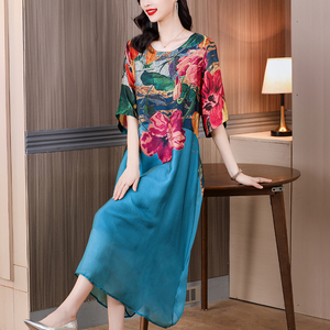 RM7853#夏季新款大码复古天丝印花连衣裙宽松双层不规则民族风气质长裙