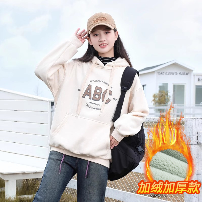 少女大童秋冬装加厚2024新款学院风宽松上衣初高中学生加绒卫衣女