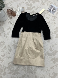 黑色丝绒拼接款显瘦气质中袖连衣裙女春夏季