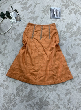 复古橙色格子刺绣半身裙洋气柔软文艺百搭淑女韩系