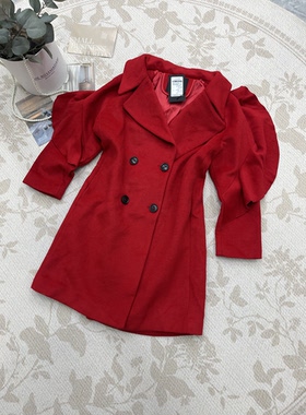 秋冬大红色新款时尚韩系百搭双排口呢大衣中长款
