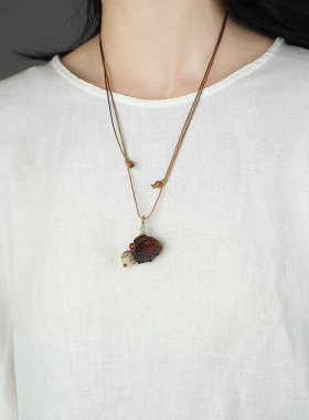 新中式国风长款菩提莲花吊坠项链女复古民族风禅意莲蓬木质毛衣链