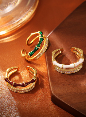 新中式竹节锆石戒指节节高精致高级感个性开口戒真金电镀活口戒子