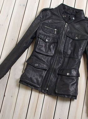 真皮黑色常规拉链正品立领修身短款绵羊皮皮衣女款多口袋外套