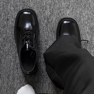 德比鞋男款英伦休闲7cm厚底增高鞋漆皮亮面黑色商务通勤方头皮鞋