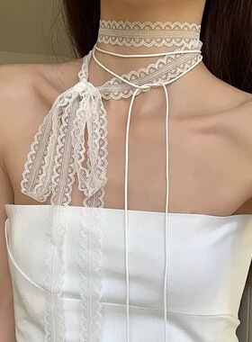 叠戴层次感设计白色蕾丝飘带颈链女百搭细窄长条丝巾锁骨颈带项链