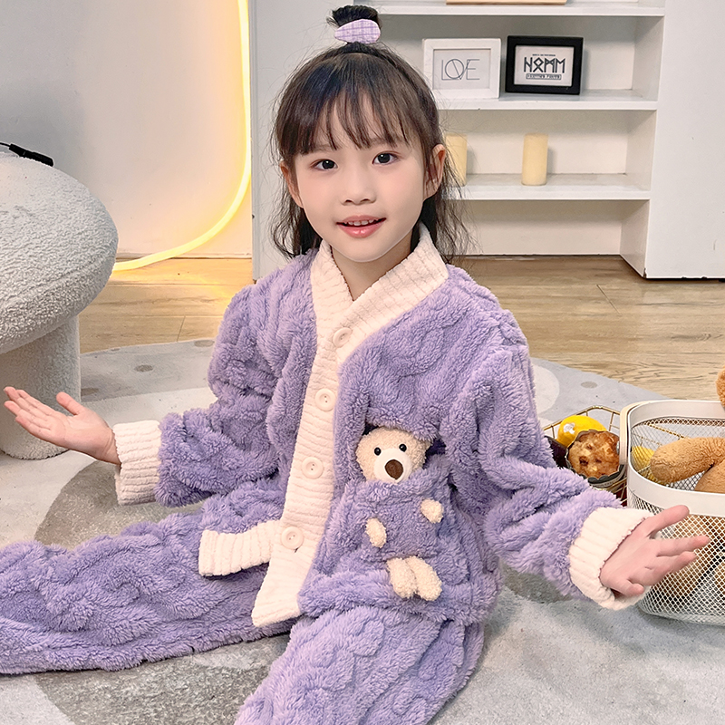 加绒加厚儿童睡衣套装春秋季新款女家居服珊瑚绒男童女童两件套