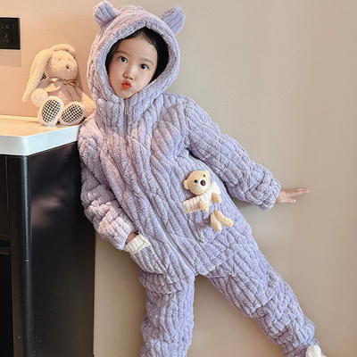 可外出三层夹棉加厚加绒亲子儿童睡衣冬季女童法兰绒宝宝男孩保暖