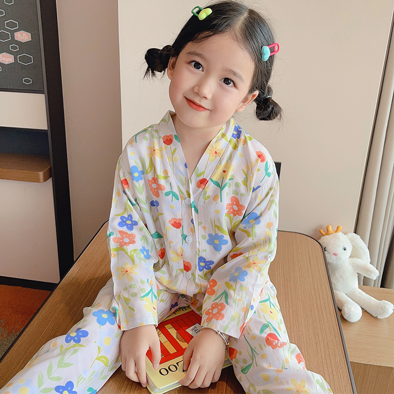 （有成人尺码）亲子装女童V领开衫儿童睡衣夏季薄款棉绸男孩