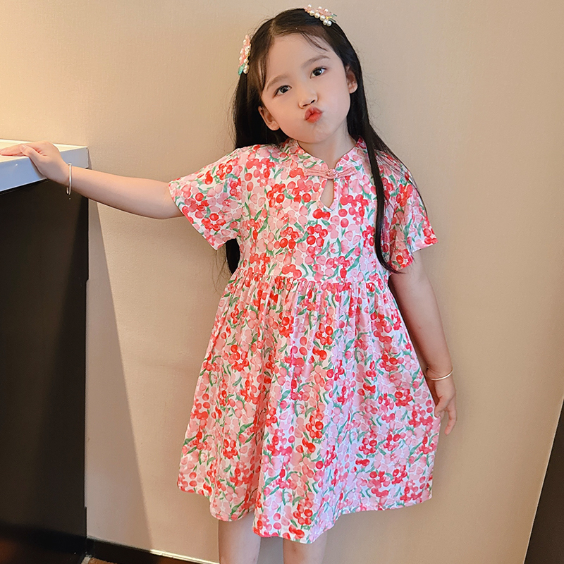 连衣裙儿童棉绸睡衣碎花气质女童洋气时尚夏季中长款印花公主国风