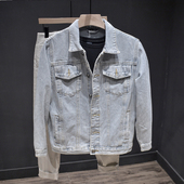 复古外衣装 晾感浅蓝色百搭牛仔外套男士 时尚 夹克潮牌经典 翻领长袖