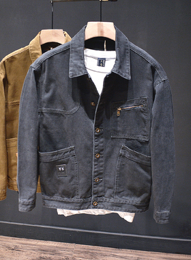 春秋季灰色长袖时尚潮流男士休闲宽松夹克个性工装拉链牛仔外套棉