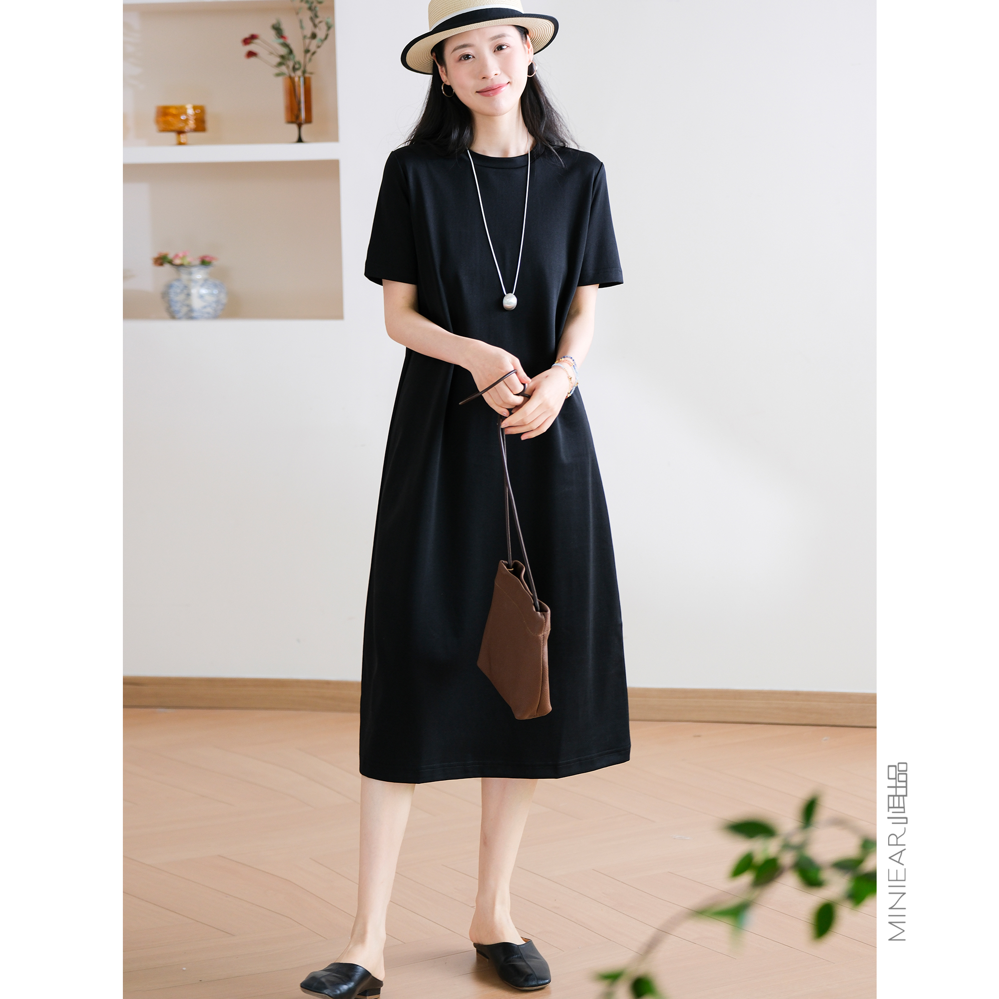 50支丝光棉宽松短袖连衣裙圆领