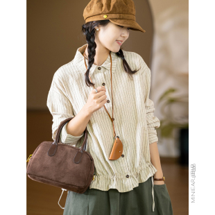 宽松文艺上衣 衬衫 小耳出品 棉麻竖条纹抽绳下摆翻领长袖