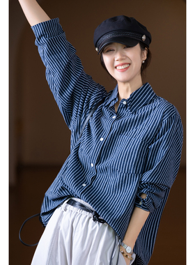 小耳出品 韩系海魂风 色织条纹/重工磨毛 全棉休闲宽松竖条纹衬衫