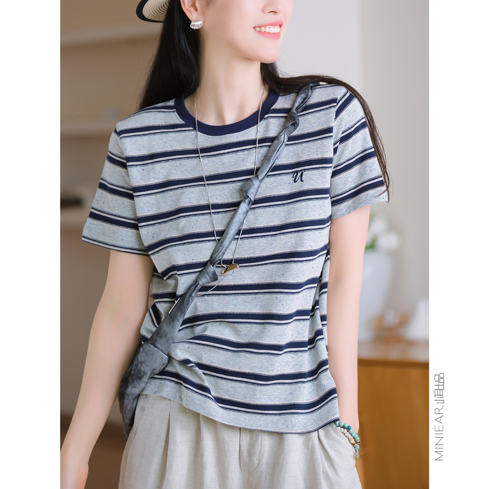 小耳出品【色织条纹棉混纺/复古撞色】时尚休闲宽松美式短袖上衣
