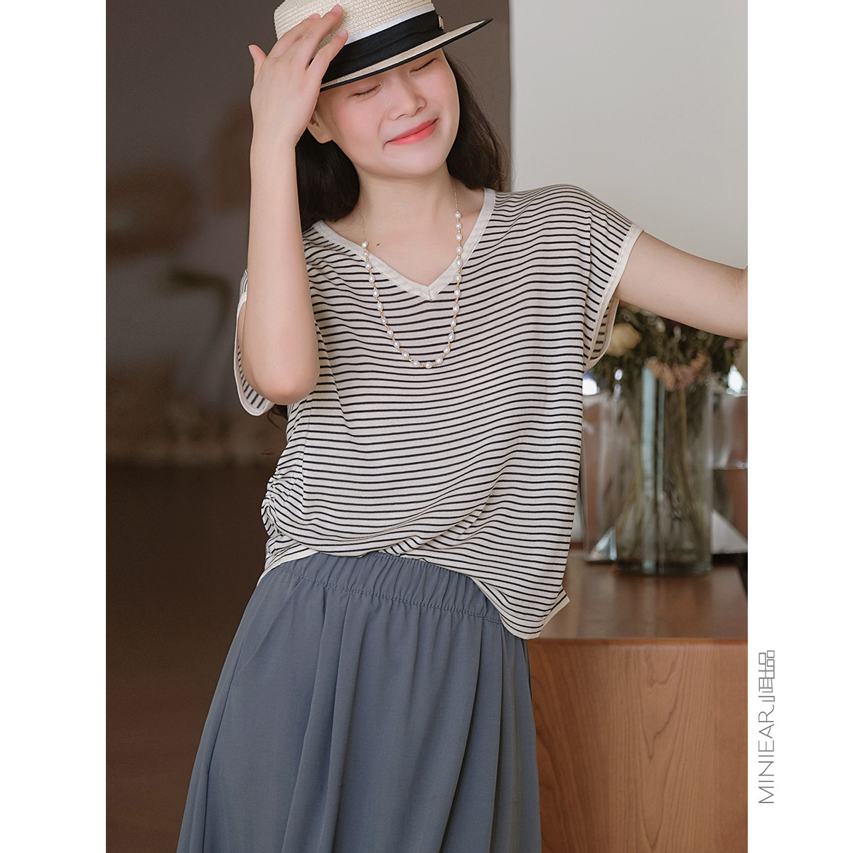 莱赛尔纯色条纹T恤简约上衣