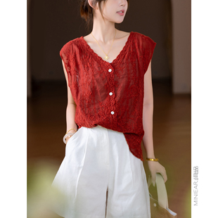 小耳出品 滿身花文藝休閑百搭V領(lǐng)馬甲女 包肩袖 重工刺繡棉小衫