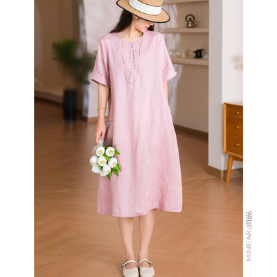 透气全亚麻布包扣连衣裙宽松遮肉