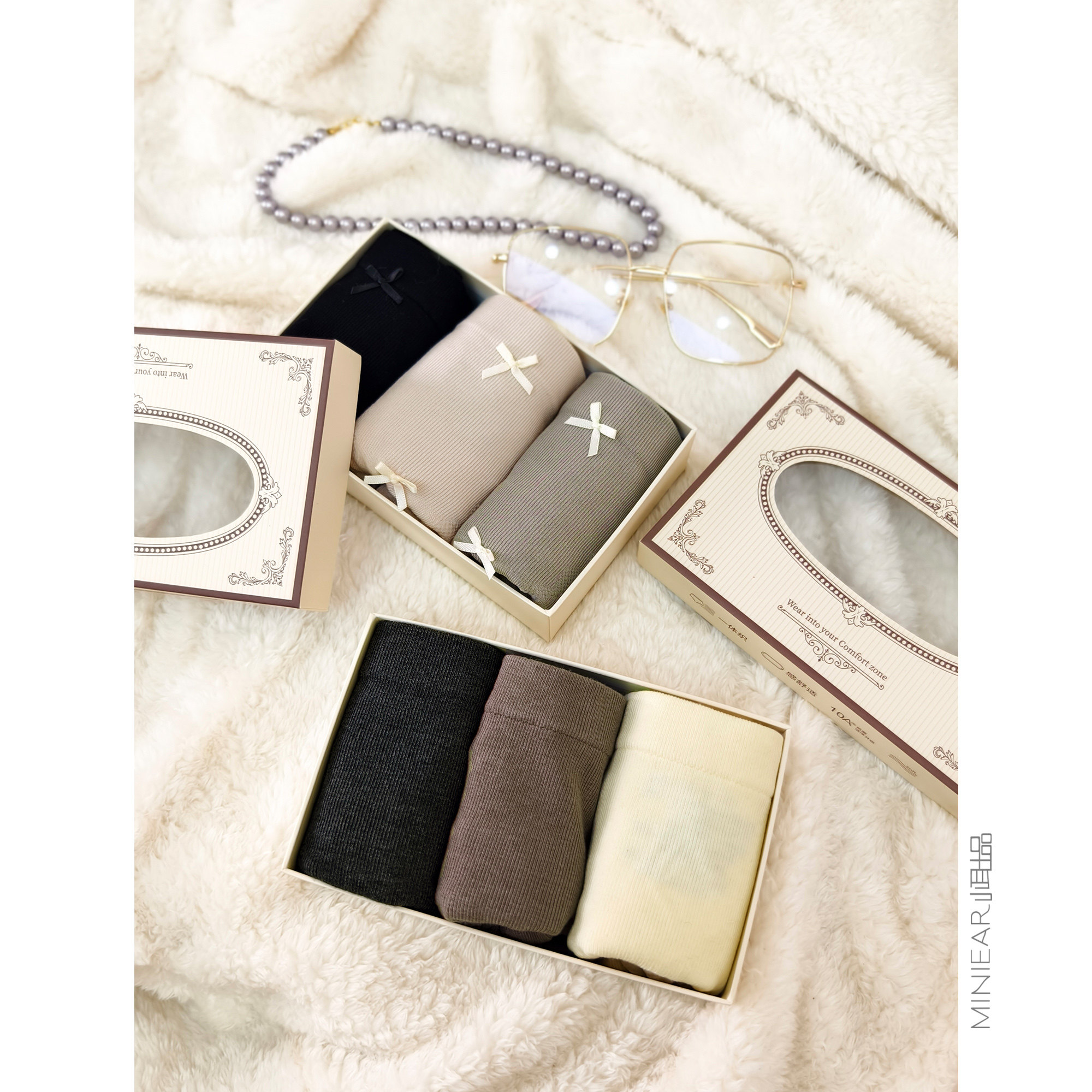 小耳出品 舒适高腰收臀甜美蝴蝶结内裤纯色简约花边三角裤