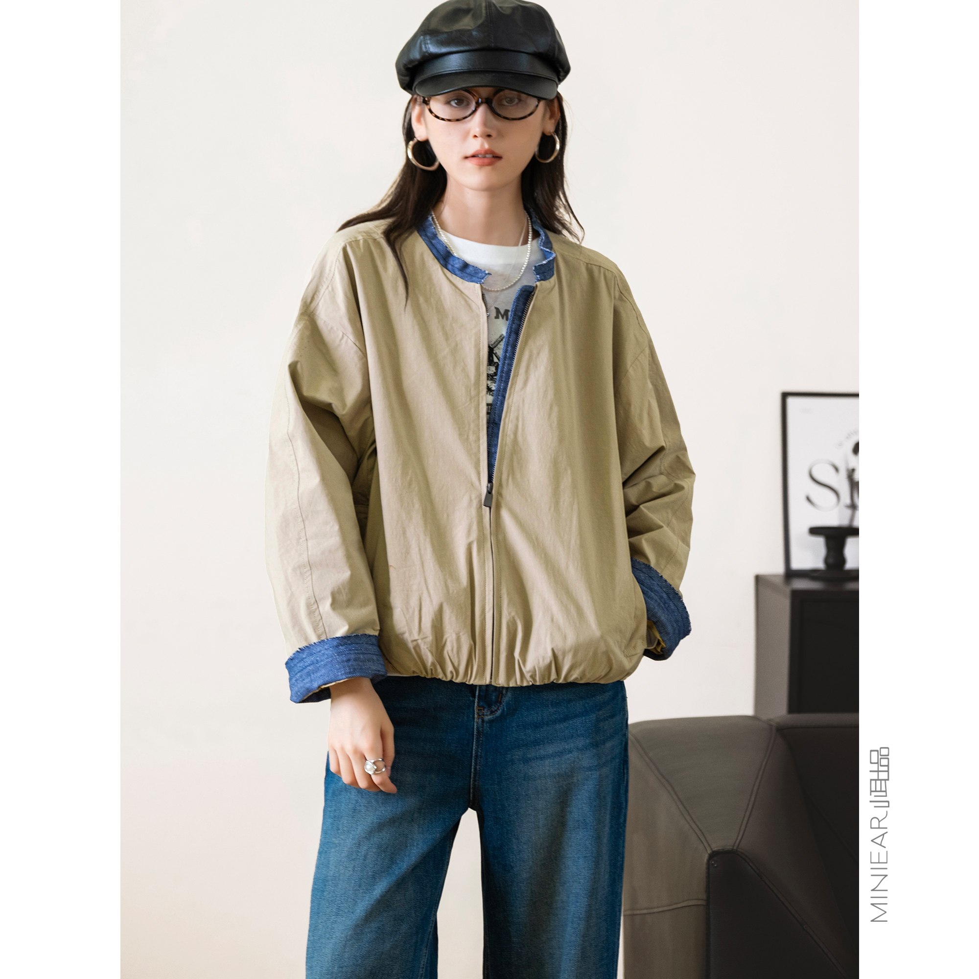 牛仔拼接拉链口袋休闲外套上衣