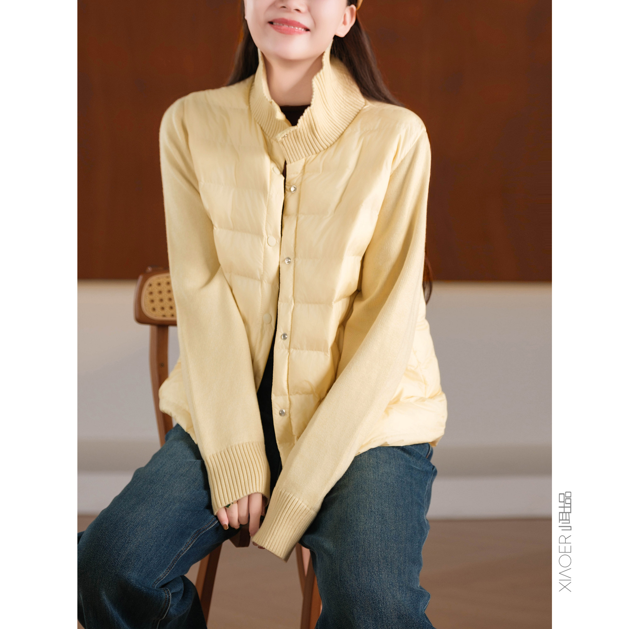 小耳出品 轻暖系列~含绵羊毛填充/横纹绗缝/针织拼接显瘦棉服外套