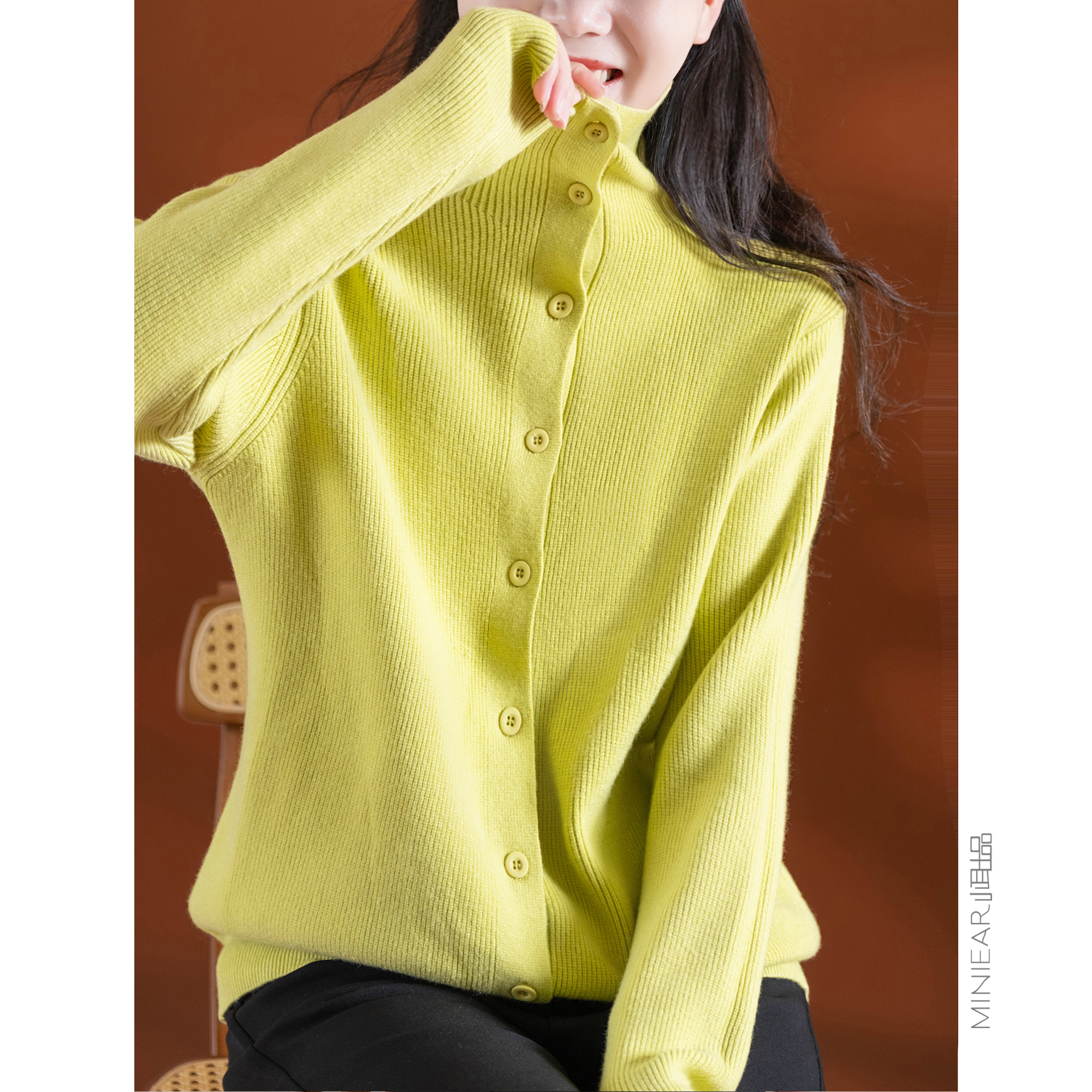 小耳出品单排扣高领坑条针织开衫