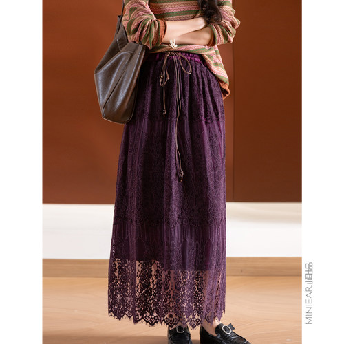 小耳出品百搭有腰带蕾丝半身裙