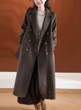 小耳出品【全*贤大衣】重磅人字纹羊毛/起绒缩呢翻领长款毛呢外套