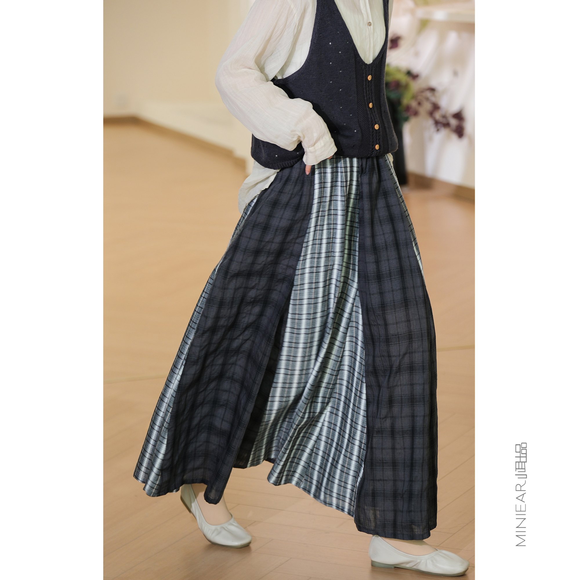 小耳出品【层次美学格雷灰】棉混纺格子半身裙流浪风格纹大摆裙女