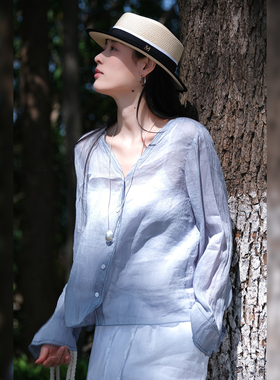 小耳出品【萣染全苎麻/内包边工艺】双层门襟V领长袖衬衫宽松轻薄
