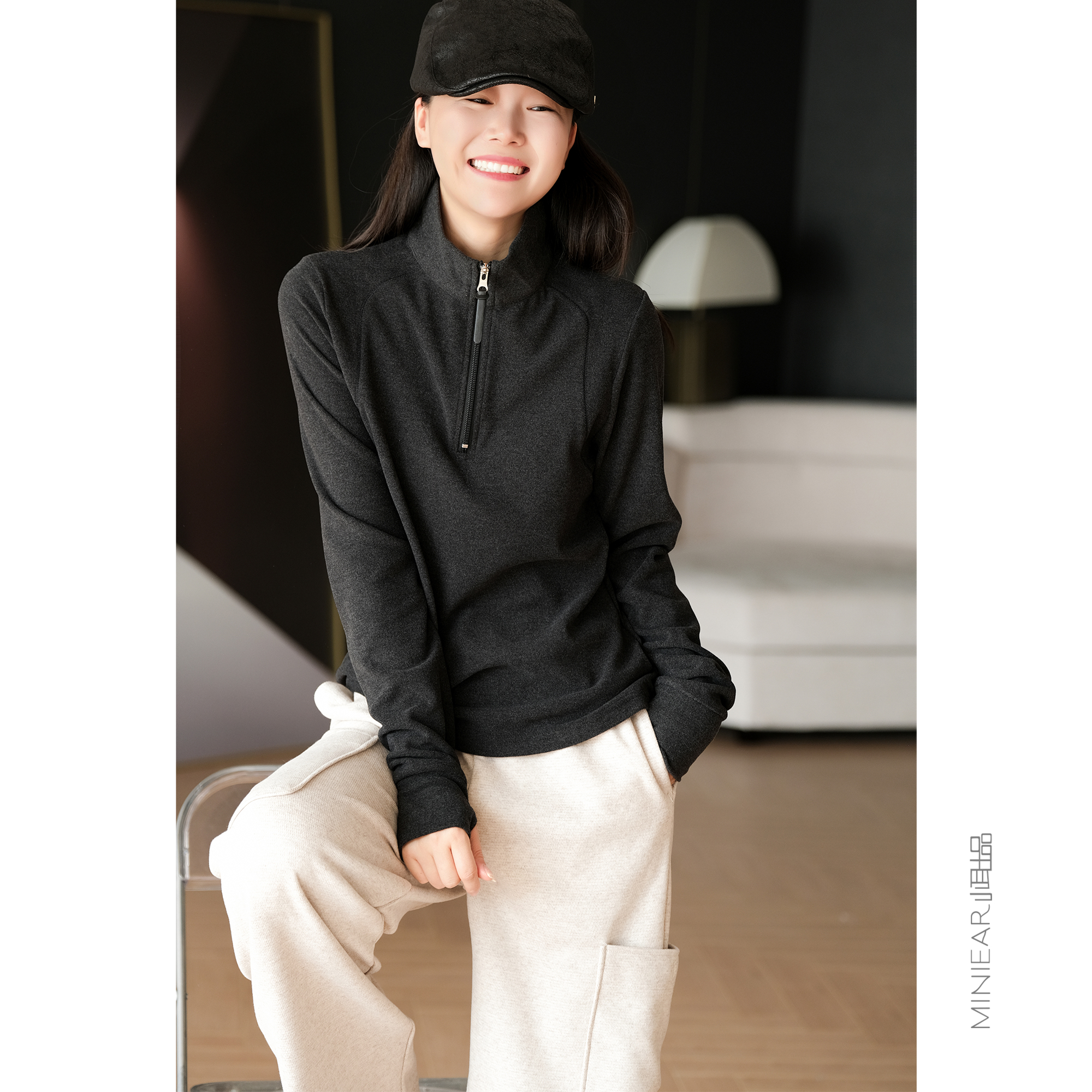 韩版时尚休闲半拉链磨绒长袖