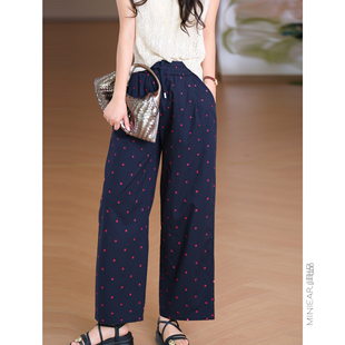 轻法复古 松紧腰系带显瘦休闲裤 森系元 篙支全棉波点 气 小耳出品
