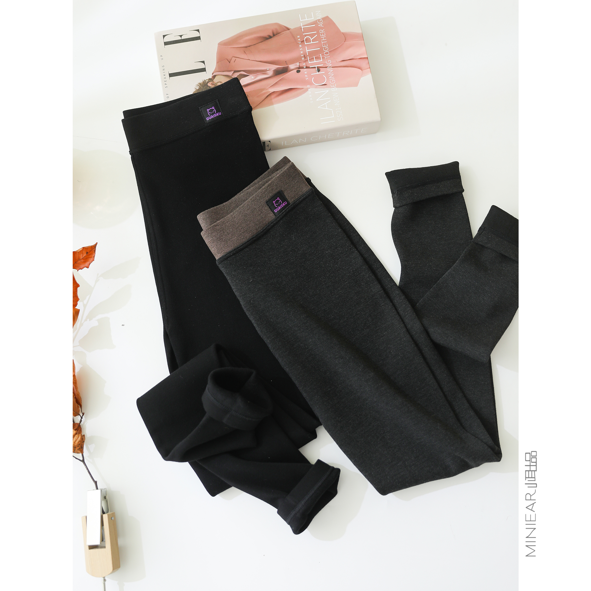 小耳出品 撞色腰头修身打底裤保暖磨绒收腹提臀内搭冬季打底下装