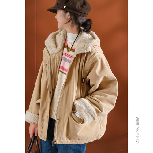 小耳出品全棉连帽加绒拉链外套