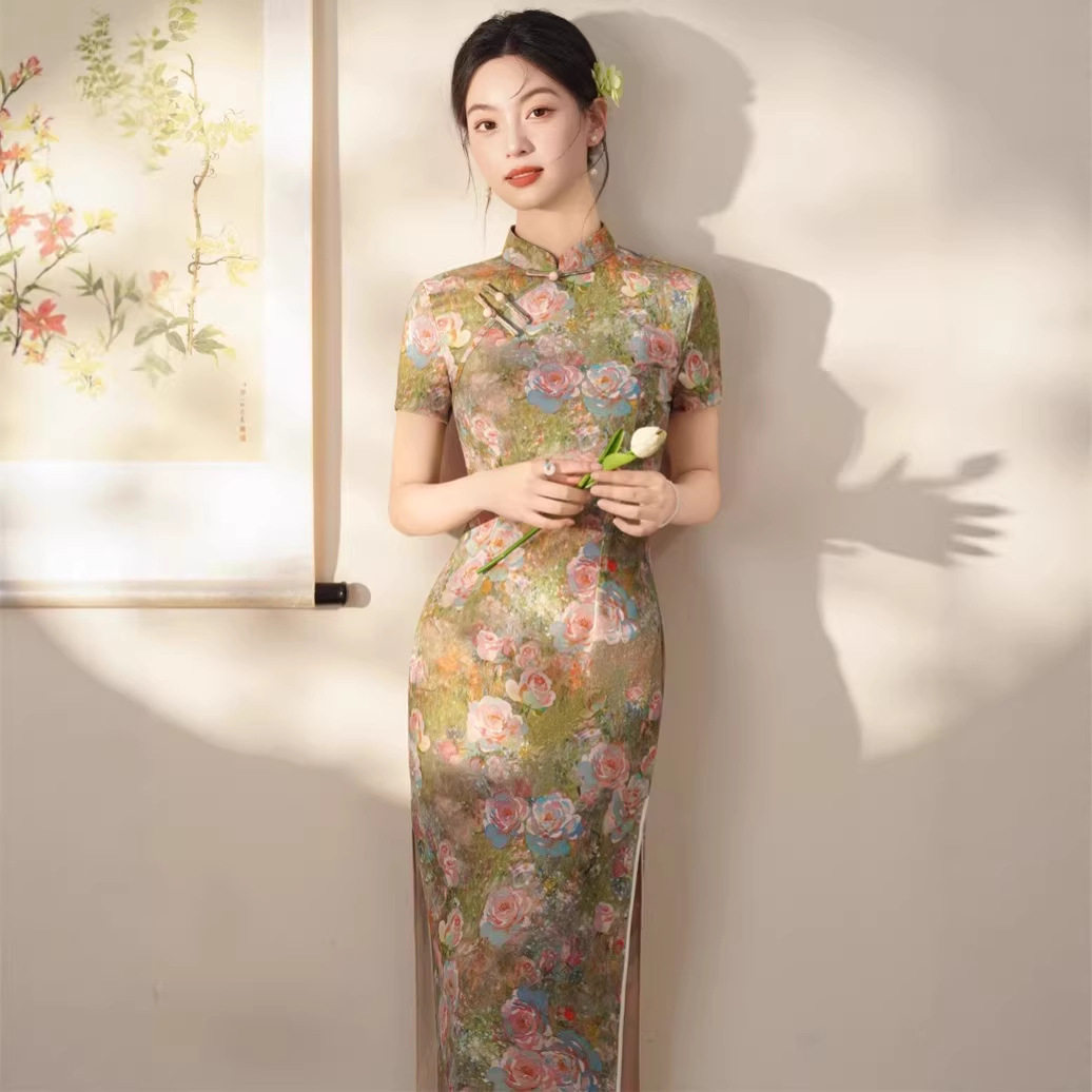 2026春夏新款旗袍新中式国风印花旗袍仿丝麻短袖长款低开叉女旗袍