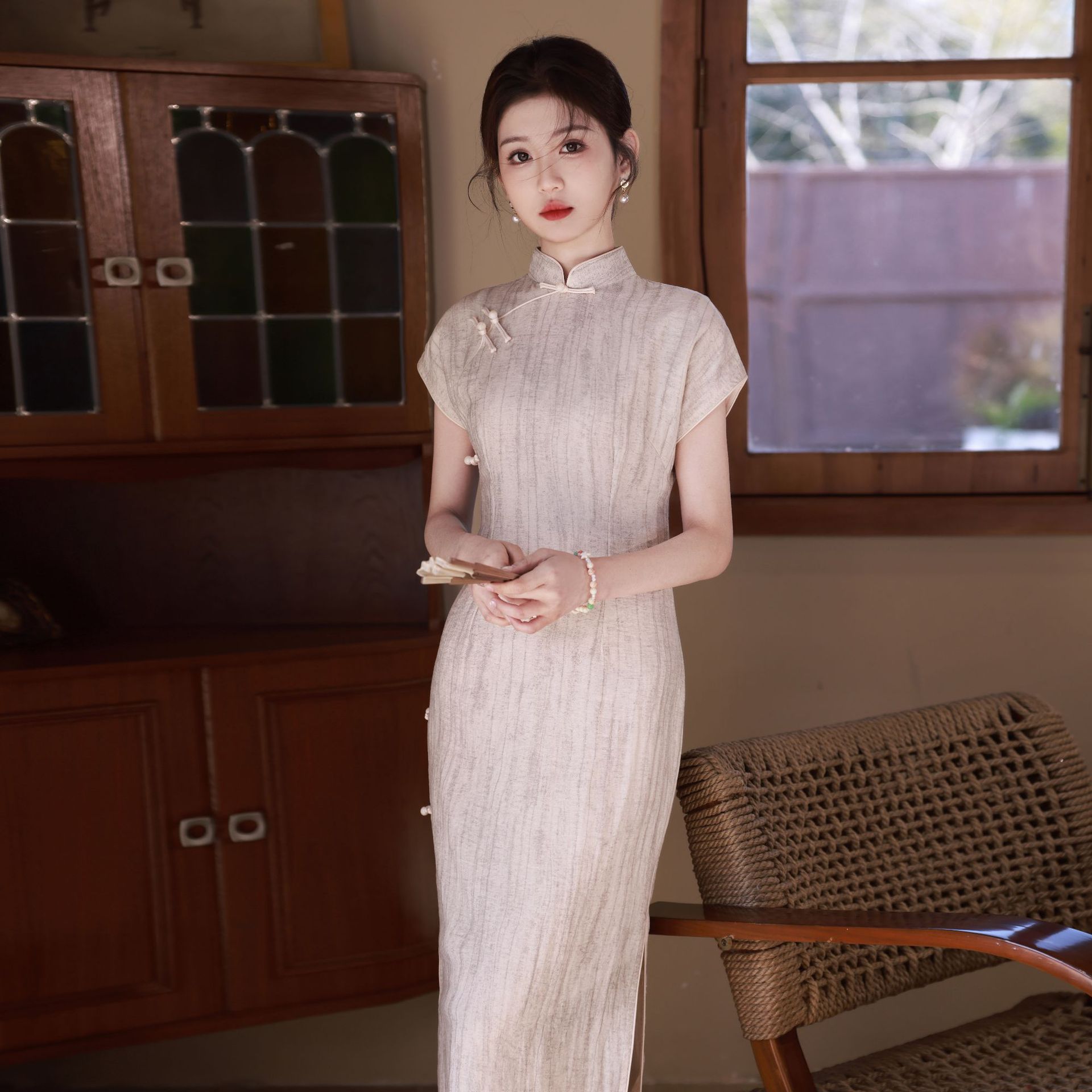 春夏款斜纹麻长款旗袍修身显瘦日常改良旗袍侧八扣