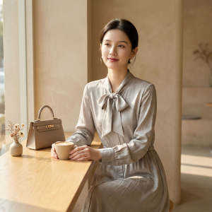 春季新款真丝长袖连衣裙女通勤蝴蝶结飘带裙子宽松桑蚕丝提花长裙
