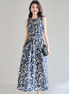 26夏季M家设计感赫本风油画印花无袖连衣裙腰带府绸中长裙25765