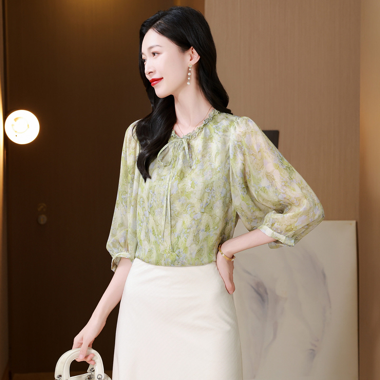 2026新款清新碎花绿色桑蚕丝雪纺真丝衬衫上衣女洋气