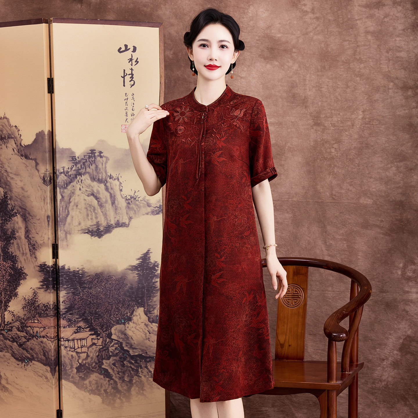 婚礼妈妈装桑蚕丝旗袍连衣裙高货婆婆婚宴礼服刺绣香云纱连衣裙