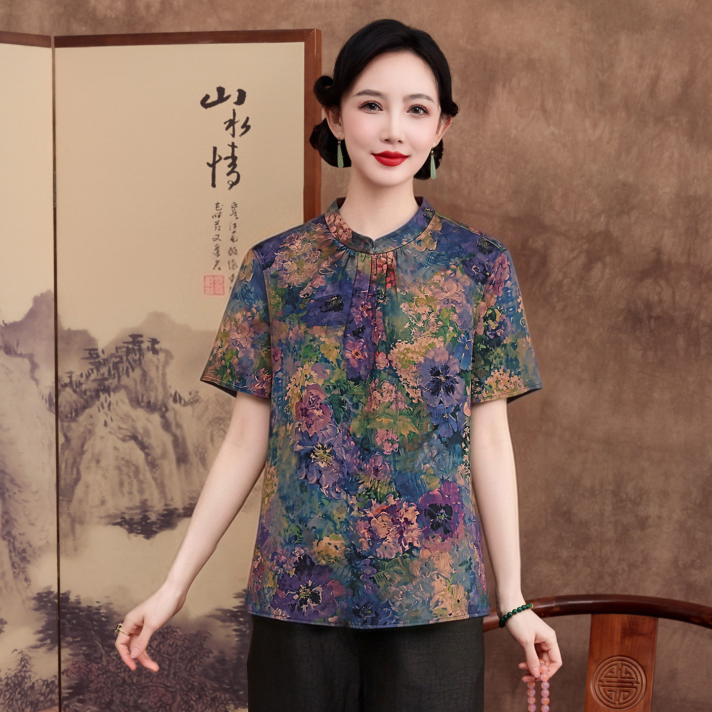 杭州桑蚕丝花萝香云纱衬衫女中老年妈妈夏装高货印花桑蚕丝上衣